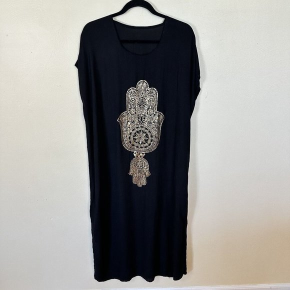 Womens Hamsa Design Black Long Kaftan MuMu Housedress OS Gold Lightweight - Picture 2 of 6